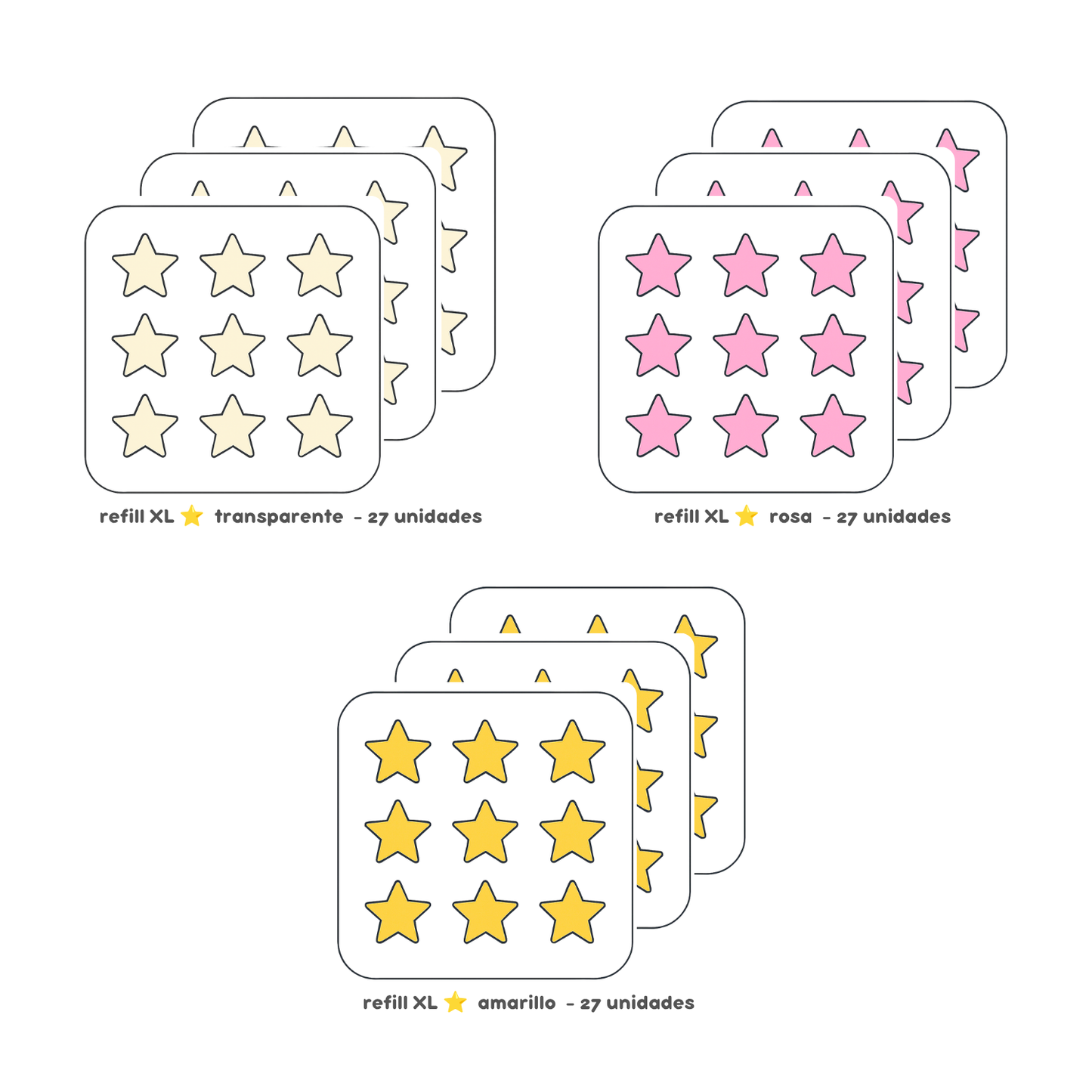 3 PACKS - Refill XL estrella transparente, amarilla y rosa - 82 unidades