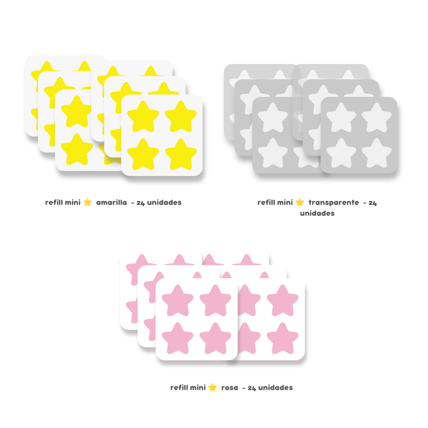 3 PACKS - Refill Mini estrella transparente, amarilla y rosa - 72 unidades